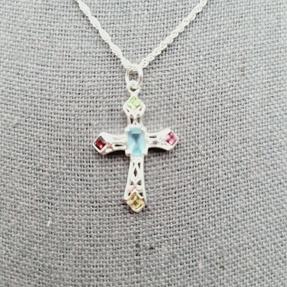 Silver Plated Delicate 18" Necklace With Rhinestone Set Cross Gift Religious